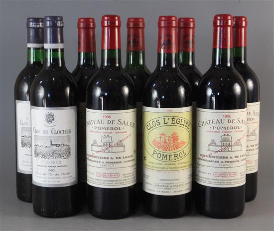 Four bottles of Clos LEglise, Pomerol, 1995, three bottles Chateau De Sales, Pomerol 1996 and two bottles Clos